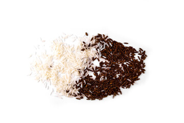 A mixture of white and brown rice, scattered grains on a white background.