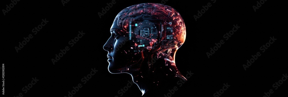 Leinwandbilder side profile of a human head showcasing intricate mechanical structures and glowing robotic eye for 