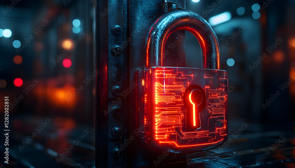 Poster futuristic lock in a dark industrial setting. possible use stock photo for security or technology co