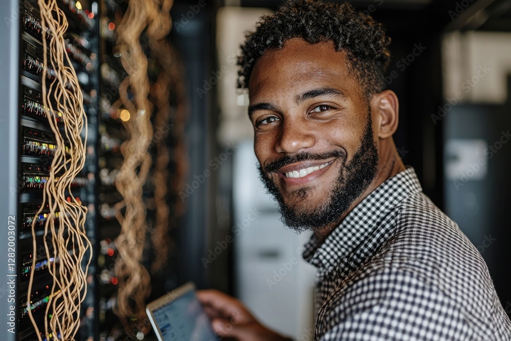 Poster technical support is provided by a cheerful it guy who is using a laptop and smiling