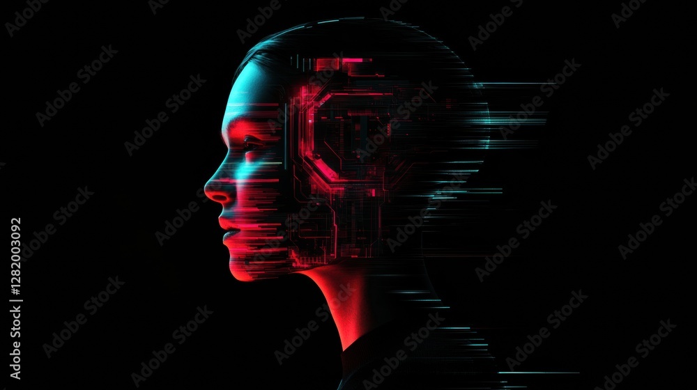 Poster futuristic side profile of a human head with mechanical structures glowing in a cybernetic landscape