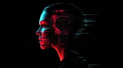 Futuristic side profile of a human head with mechanical structures glowing in a cybernetic landscape. Generative AI