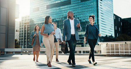 Meeting, walking and business people in city in discussion on morning commute, travel and journey....