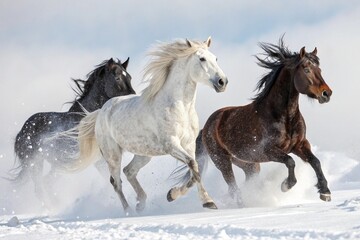 Majestic horses running together in the snow, side by side with flowing manes, capturing the power and beauty of wild horses in winter