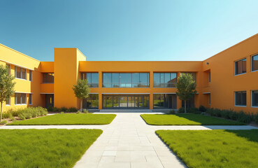 Modern yellow school building with green grass, clear sky. Architectural design features clean lines, large windows. Campus exterior includes well-maintained lawn, walkway. Educational institution