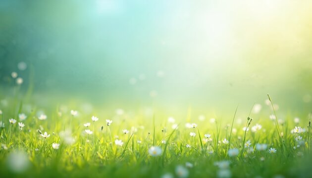 Sunny spring meadow with blur background featuring blue sky green grass gradient. White daisy flowers bloom in the grass. Summer nature scene with sunlight, bokeh. Green lawn landscape.