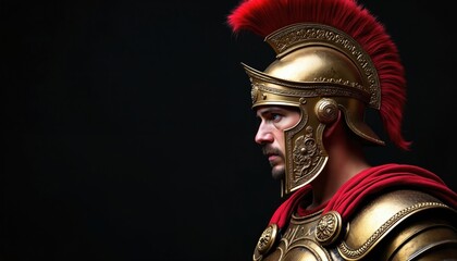 Profile portrait of roman legionary soldier wearing decorated golden armor, red plumed helmet against black background. Centurion serious face expression. Ancient warrior concept. Classical history
