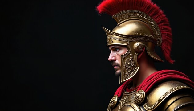 Profile portrait of roman legionary soldier wearing decorated golden armor, red plumed helmet against black background. Centurion serious face expression. Ancient warrior concept. Classical history