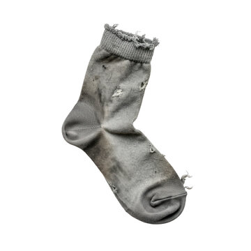 Worn gray men's socks with holes and stains on a white background, showing neglect