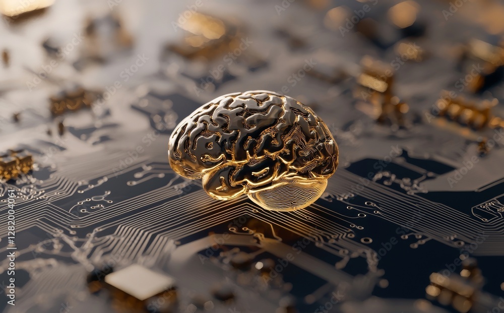 Poster an electronic chip in the form of a human brain is positioned at the center of a circuit board, enve