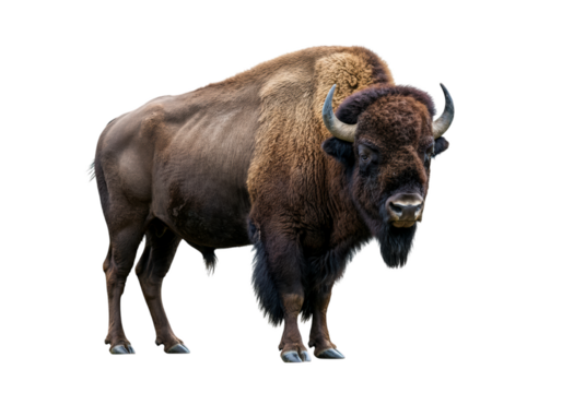 Majestic bison stands tall against white background, showcasing strength and beauty