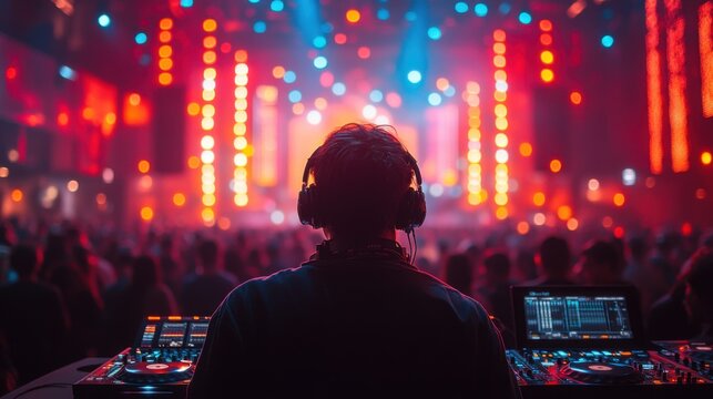 A DJ skillfully mixes tracks at a crowded electronic dance music event, surrounded by colorful lights and an energetic audience dancing and enjoying the music