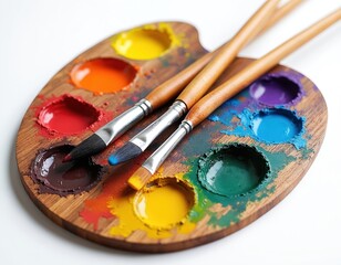 Wooden artist palette with vibrant paint, brushes. Colorful artistic creative setup for painting art project. Colorful mix supply craftsmanship hobby. Close-up view with multiple saturated color