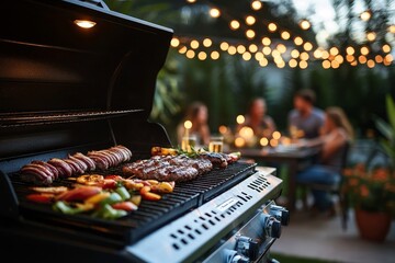 Evening barbecue gathering with friends under string lights in a backyard setting featuring grilled meats and vegetables