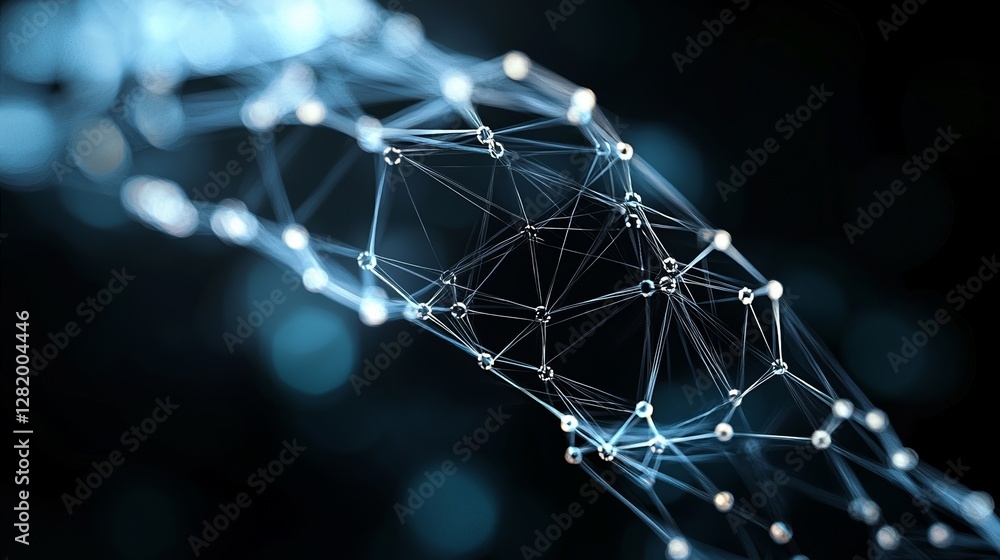 Poster A digital background with an abstract design, incorporating a plexus effect to represent network connections and a science-themed structure, created using 3D rendering techniques