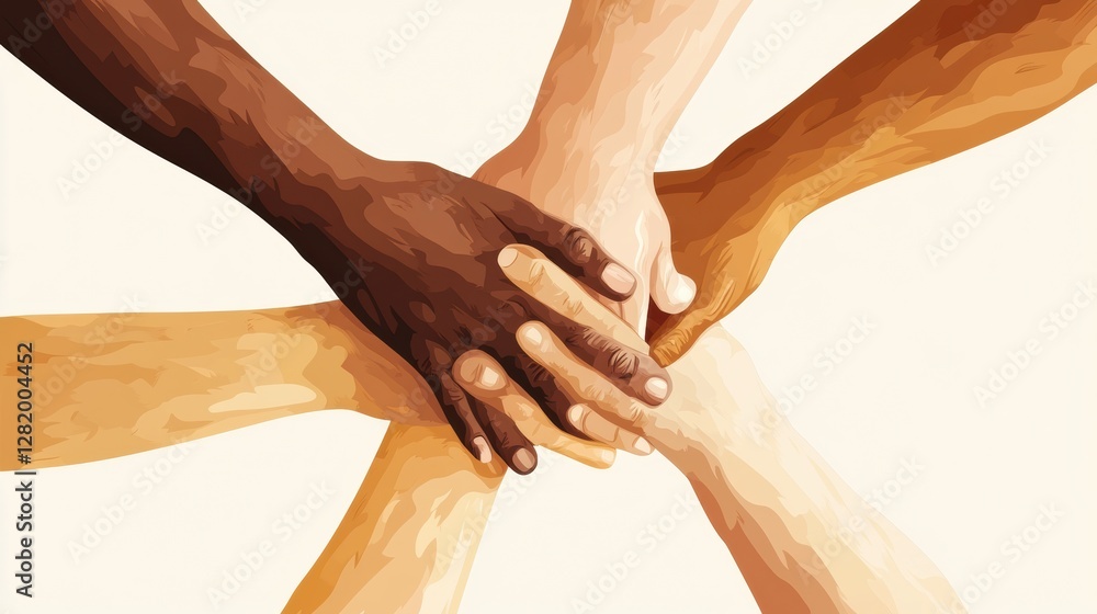 Leinwandbilder interconnected hands representing unity and support among diverse individuals of various skin tones.