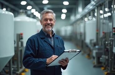 Smiling technologist with checklist in food processing factory. Industrial worker satisfied with results, quality control on plant. Man in uniform inspects production line, water purification