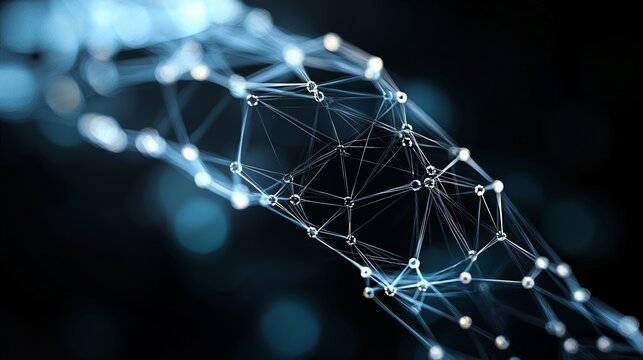 A digital background with an abstract design, incorporating a plexus effect to represent network connections and a science-themed structure, created using 3D rendering techniques