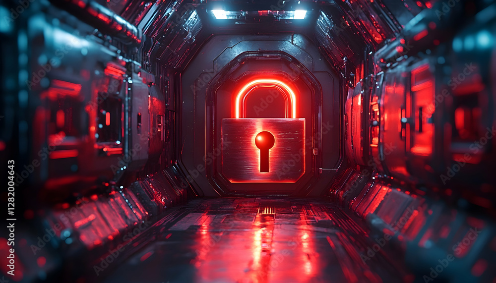 Poster futuristic tunnel with glowing padlock. security concept. use for tech-related backgrounds