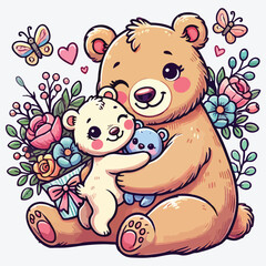 Heartwarming Mothers Day Bear Mom and Baby Cub showing love Adorable watercolor