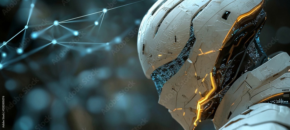 Poster a 3d rendering shows a white male robot interacting with a digital screen interface