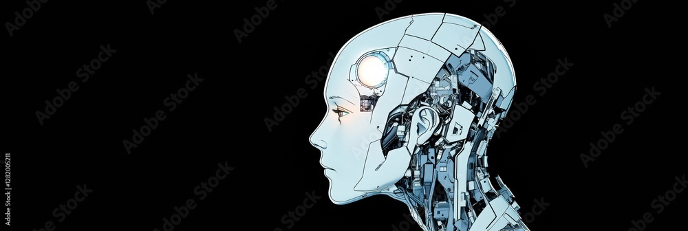 Fototapete Futuristic human head with mechanical structures and glowing robotic eye showcasing cybernetic enhancements in a sleek profile. Generative AI