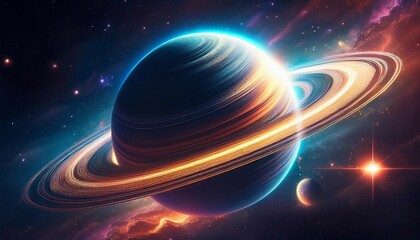 distant planet with stunning rings and cosmic backdrop illuminated by stars generative ai