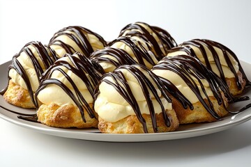 Cream puffs drizzled with chocolate sauce, arranged on a plate showcasing their golden-brown pastry, creamy filling, and rich chocolate decoration, a delightful treat.