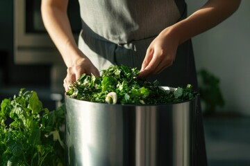 A person carefully adds fresh, leafy greens to a large metal container for processing or storage.