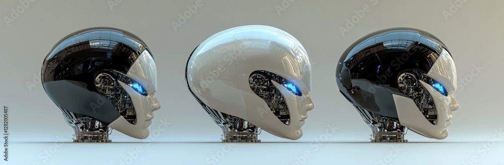 Poster the image features a highly detailed cyborg face or robotic head, showcased from three different per