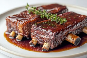 A close-up of braised beef short ribs on a plate with a rich sauce and thyme garnish, highlighting gourmet meat dish, perfect for restaurant menus.