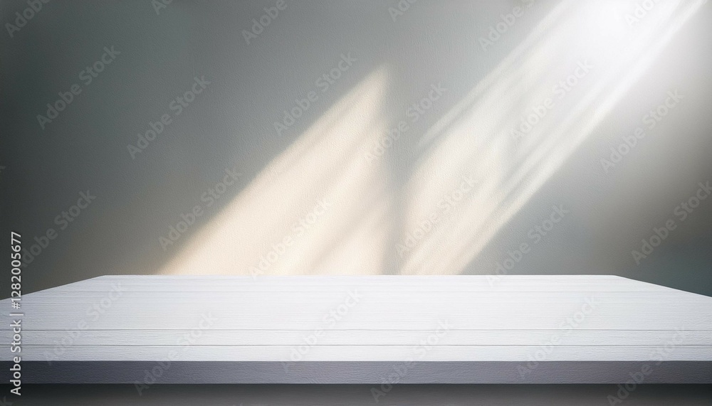 Poster empty white podium stage table in white empty studio room with sunlight beams from windows white emp