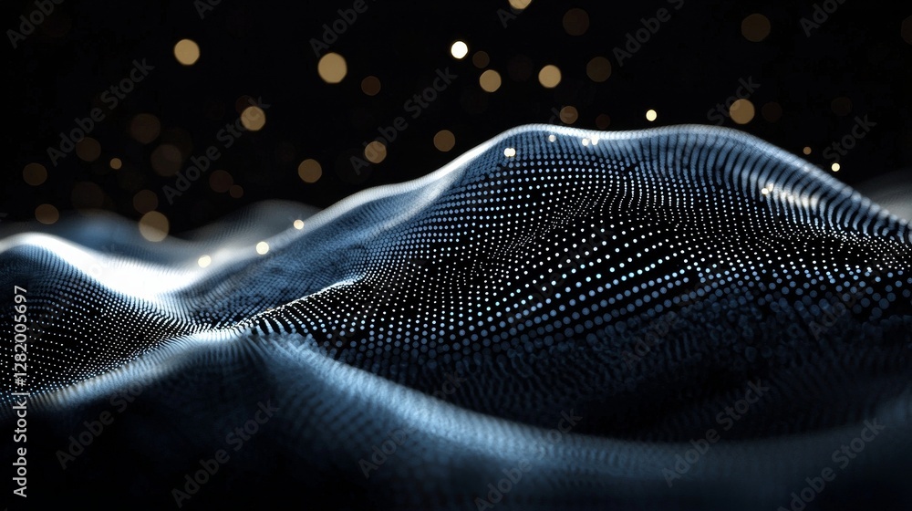 Poster digital data visualization and cybernetic particles combine with low poly mesh to create flow and wa