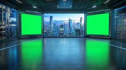 Futuristic city view, green screen studio