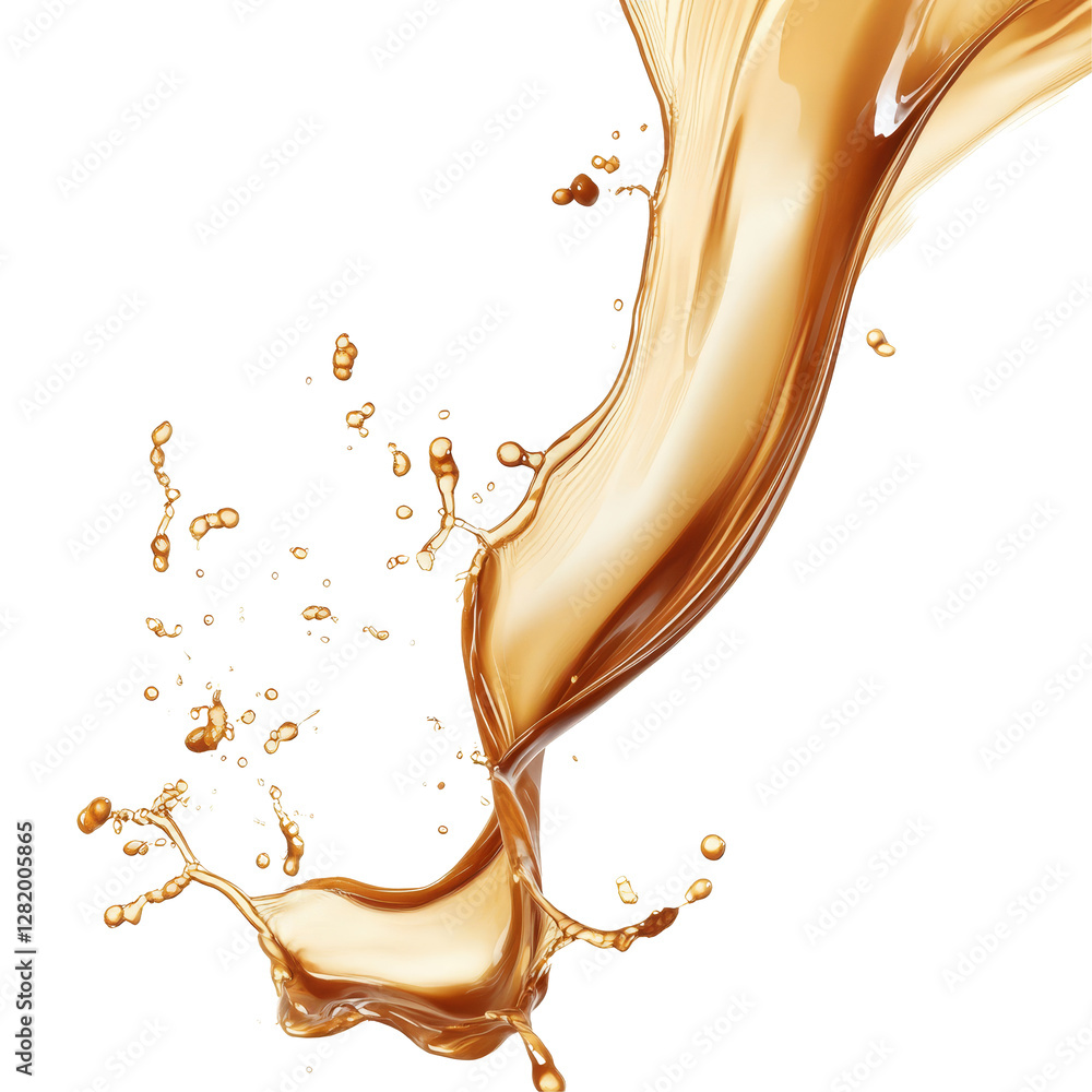 Poster caramel splash creating a dynamic wave flow against a transparent background, vividly showcasing mov