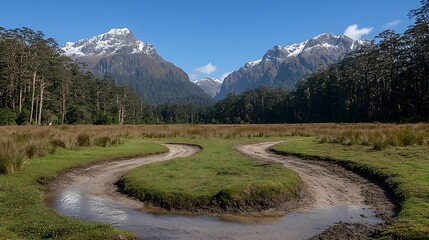 A scenic mountain road winding through a valley, with steep cliffs on both sides and the peaks in the distance covered in a light dusting of snow.
