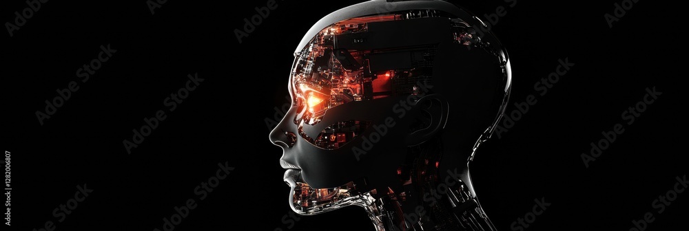 Leinwandbilder futuristic side profile of a cyborg showcasing glowing robotic eye and complex mechanical implants. 