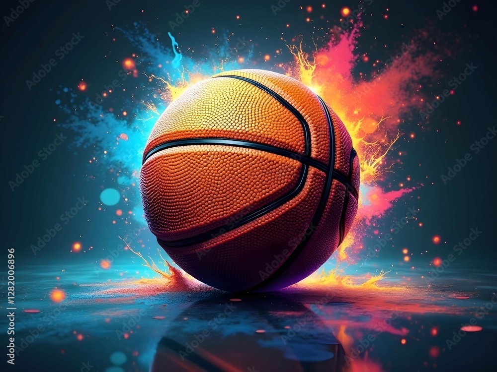 Poster a basketball with a glowing aura and vibrant splashes of color, creating a dynamic and energetic spo