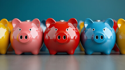 Colorful piggy banks on a light blue background. 