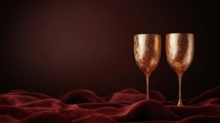 Two exquisite golden goblets elegantly placed on rich, textured fabric, emphasizing luxury and the beauty of craftsmanship within the realm of fine dining and celebration.