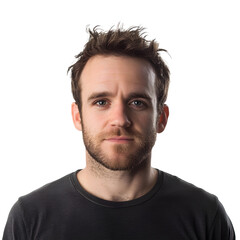 Fototapeta premium Portrait of a man with short hair and a beard against a white background, looking directly at the camera.