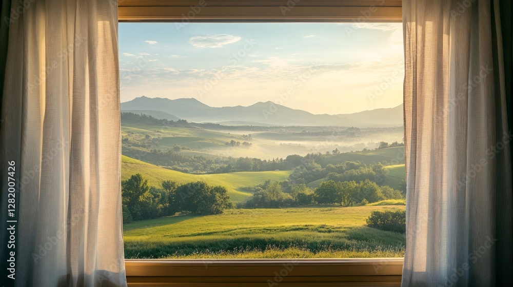 Poster sunlight gently streams through delicate curtains, illuminating a picturesque view of lush green hil