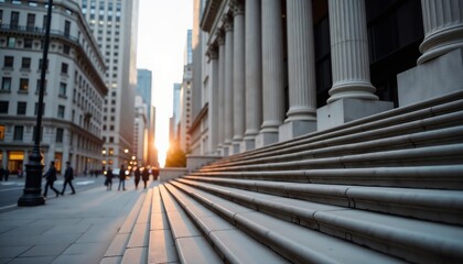 Obraz premium Classic financial scene with stock exchange building, steps, and columns in bustling city background
