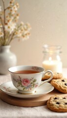 Cozy scene featuring tea in floral cup, plate with chocolate chip cookies. Candle burns. Warm home atmosphere, afternoon snack, comfort mood, hygge lifestyle. Romantic flowers background.
