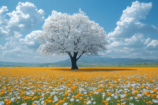 Vibrant spring landscape with a blooming tree and colorful wildflowers in a sunny meadow