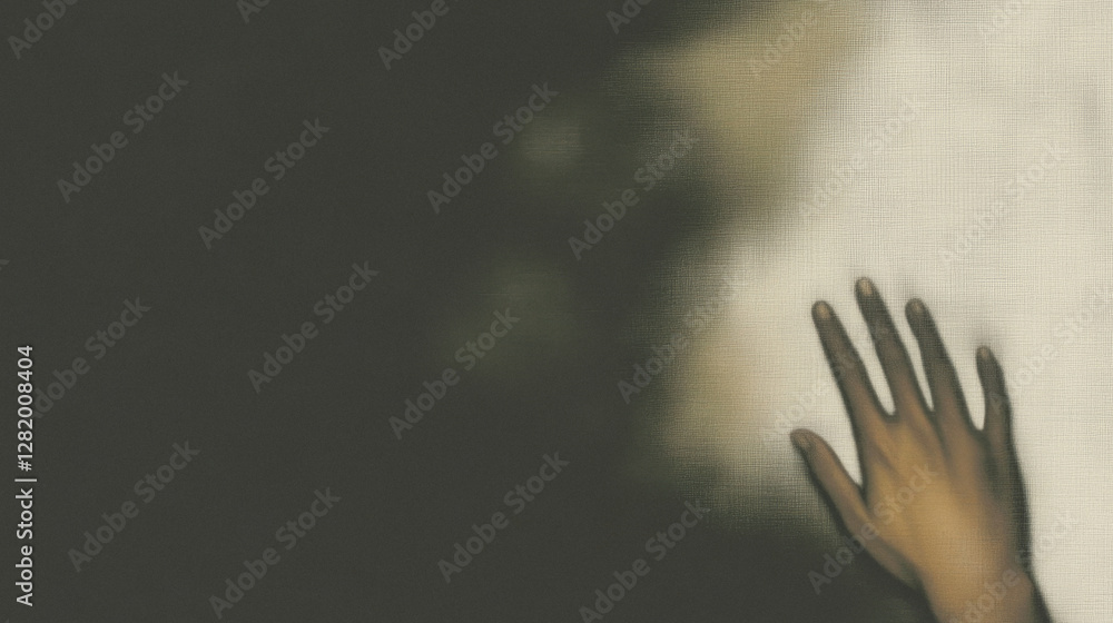 Poster hand reaching towards mysterious shadow on textured surface with dark background