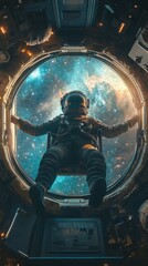 Fototapeta premium An astronaut gazes out into the vast cosmos through a circular window, surrounded by stars and colorful nebulae, capturing the awe of space exploration.