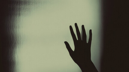 Silhouette of outstretched hand against frosted glass background