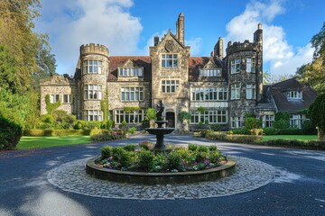 Fototapeta premium Luxury castle mansion with a circular driveway and beautifully landscaped gardens