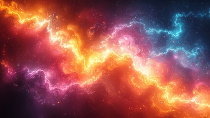 Vibrant cosmic energy waves in striking orange, pink, and blue hues, creating a mesmerizing abstract background for sci-fi and technology themes.